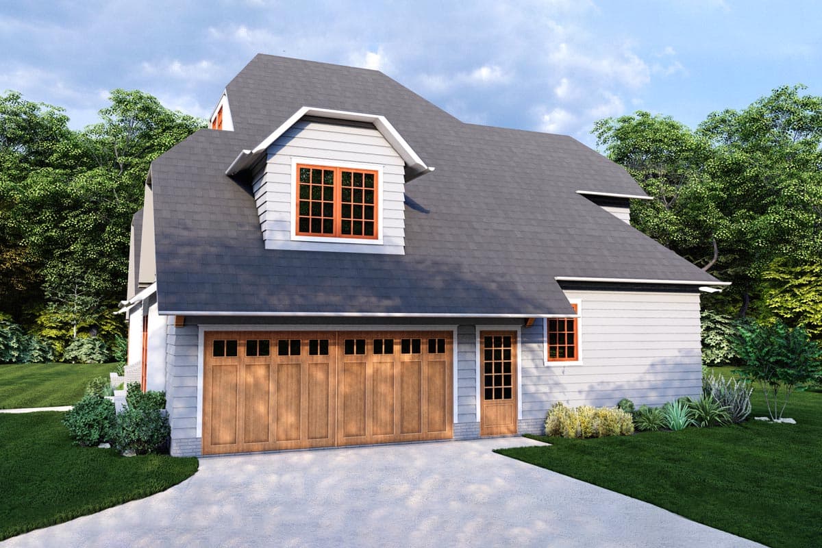 House plan exterior: Modern Farmhouse style, two-story with gable dormer, side-facing garage door, and hip roof.