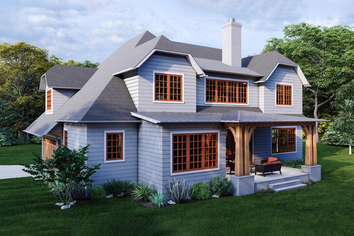House plan exterior: Two-story home with gabled dormers, wide lap siding, and a covered front porch with timber supports.