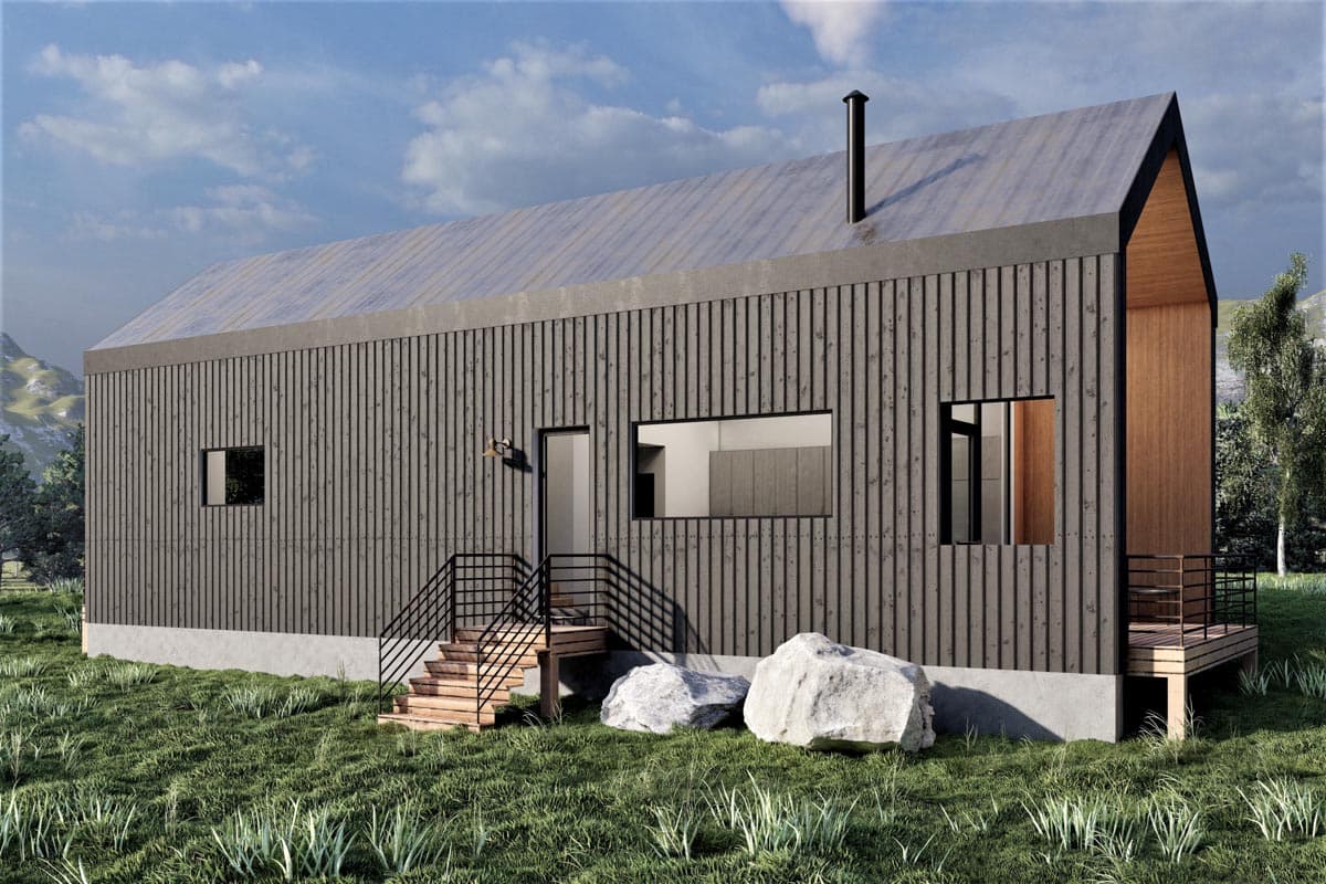 House plan exterior. Modern style with board and batten siding. Features include a mono-pitched roof, small deck, and a chimney.