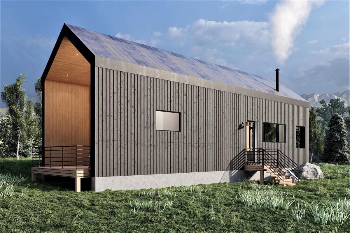 Modern house plan exterior with gabled roof, wood siding, metal roof, and front deck. Two stories visible.