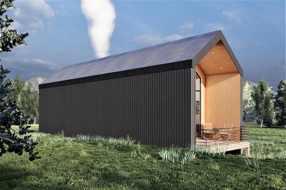 Modern house plan exterior with vertical dark siding, gable roof, wooden porch, and large windows. 