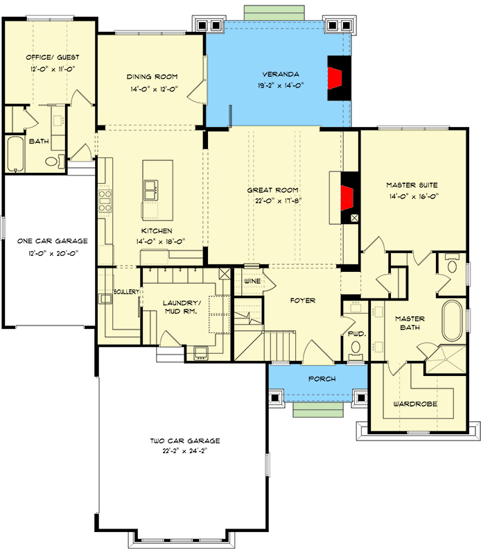 Plan 93152EL: Country Craftsman Plan with Option to Finish Basement - 3232 Sq Ft - Floor Plan - Main Level - Country, Craftsman, Modern Farmhouse, New American, Transitional