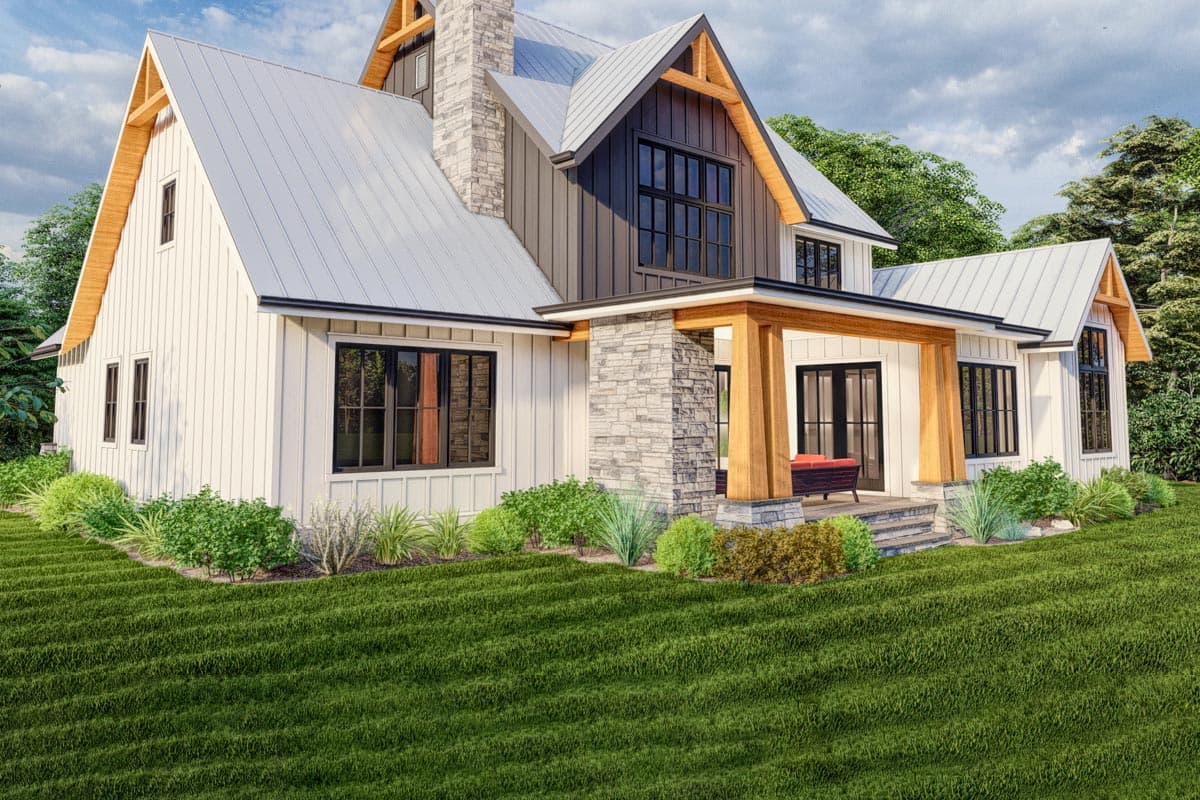 Modern Farmhouse house plan exterior with white board and batten siding, metal roof, stone chimney, and exposed wood beams on covered porch.