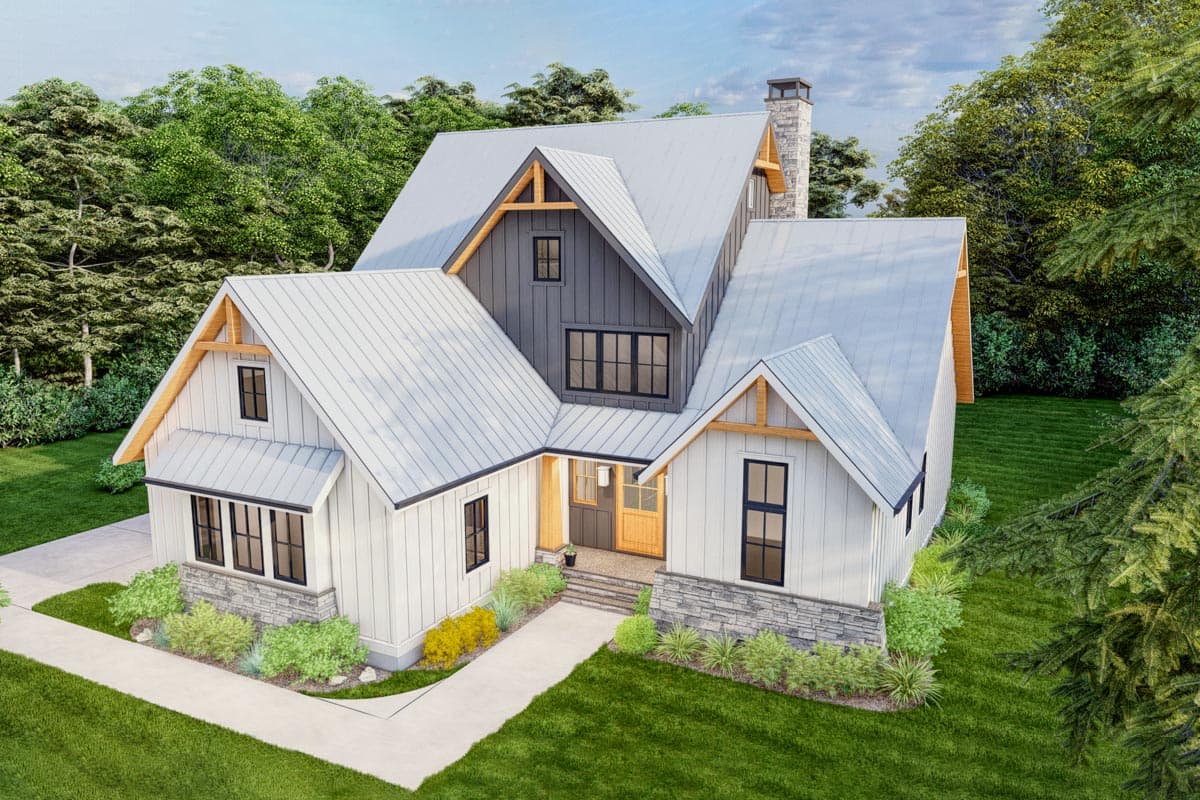 Modern Farmhouse house plan exterior with metal roof, gables, stone base, and prominent chimney.