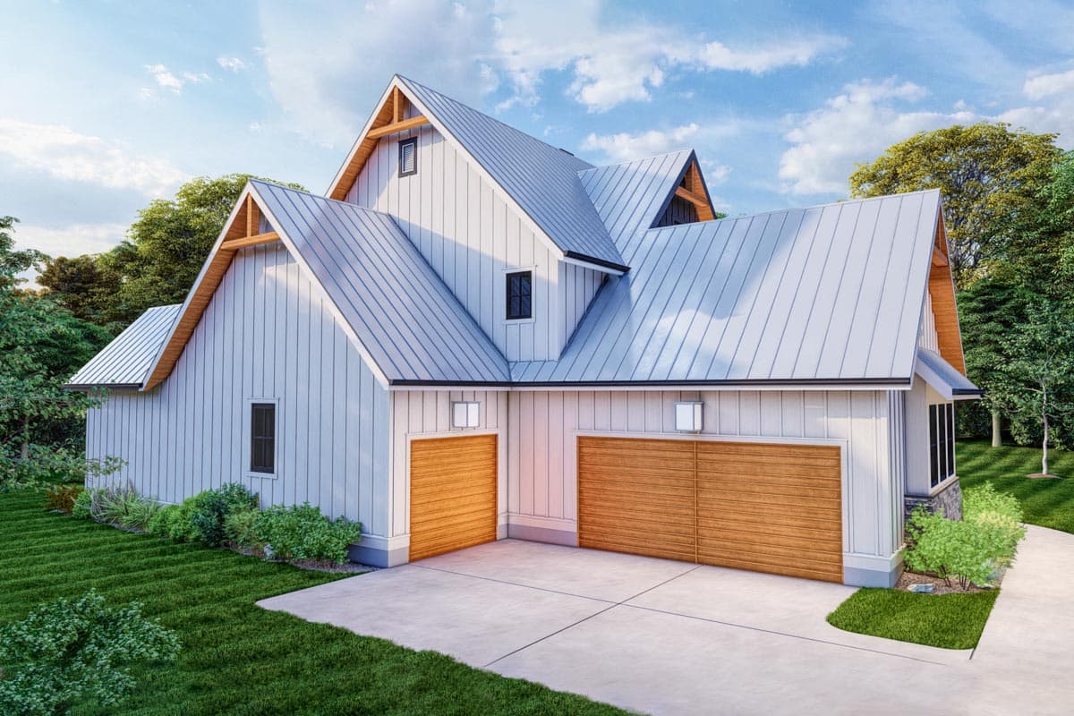 House plan exterior, Modern Farmhouse style, two stories, vertical siding, metal roof, wood garage doors, gables.