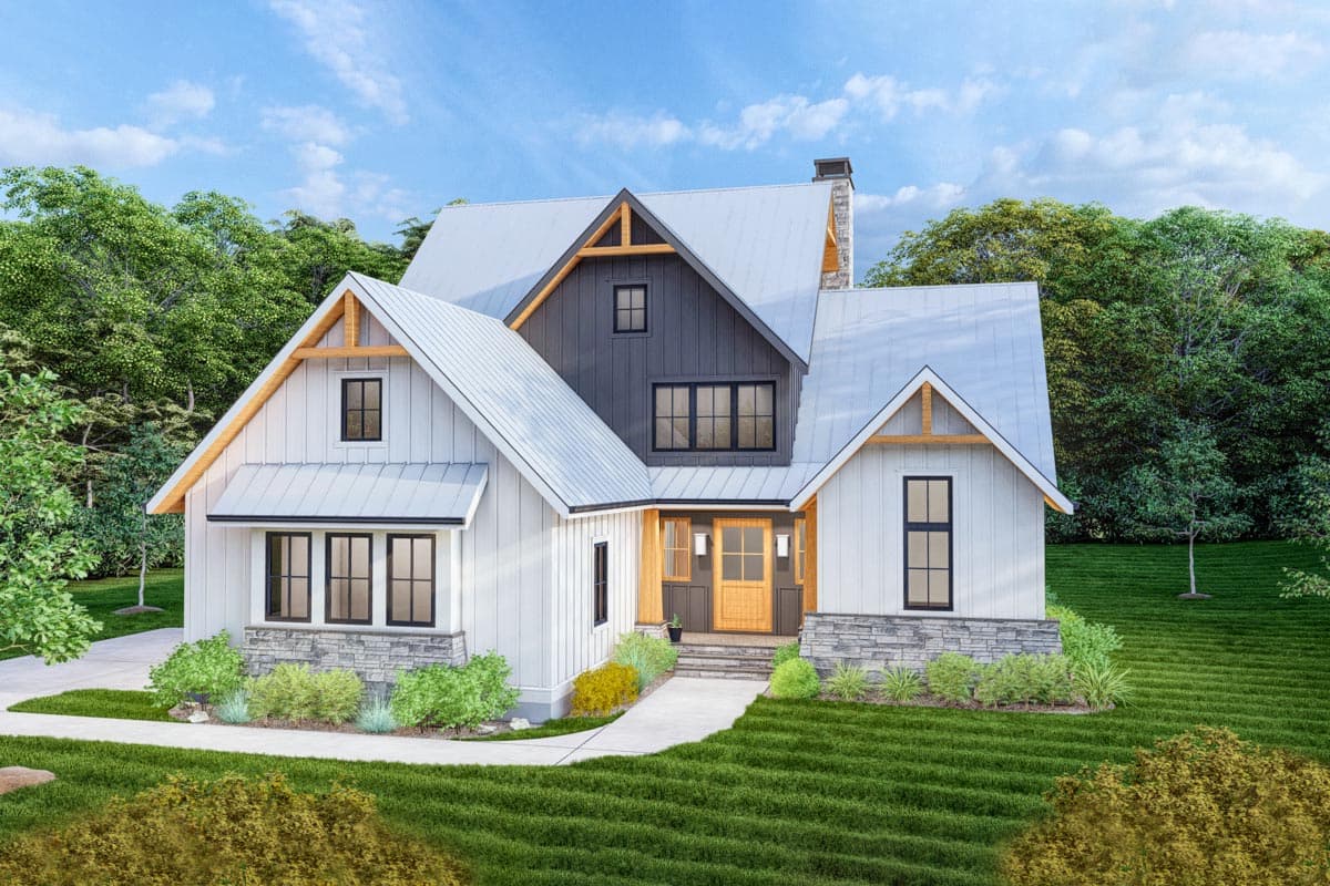 Modern Farmhouse house plan exterior with white siding, dark gray gables, stone accents, and metal rooflines.