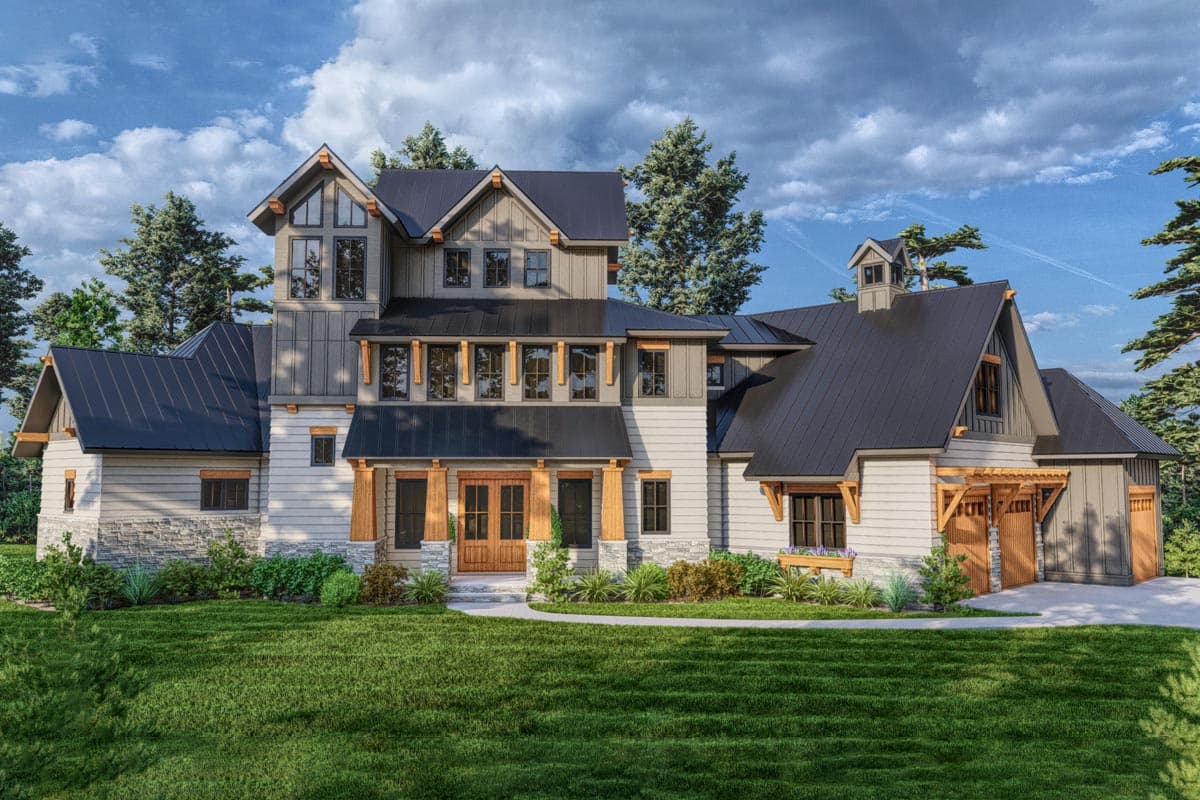 House plan exterior. Two-story Modern Farmhouse with gables, a covered porch, multiple dormers, and a detached garage.