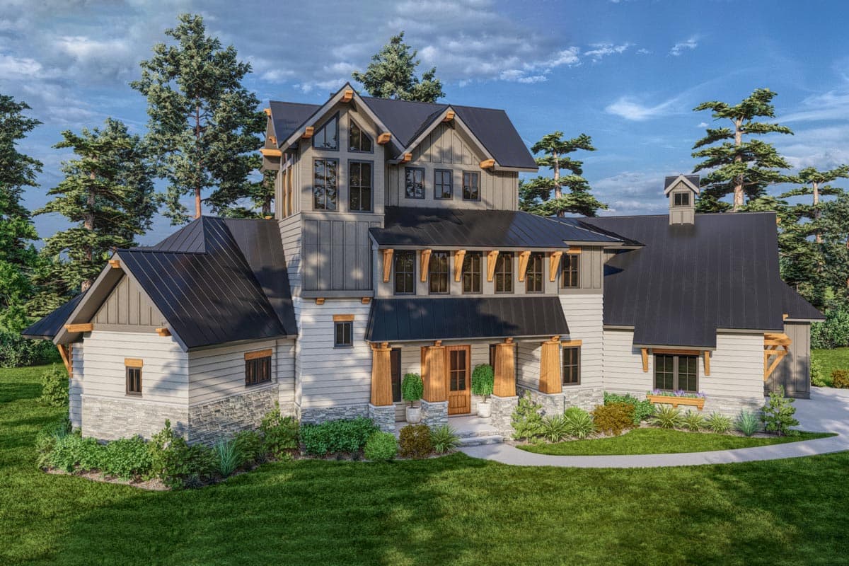Modern Farmhouse house plan exterior with multiple gables, metal roof, stone and lap siding, and a covered entry.