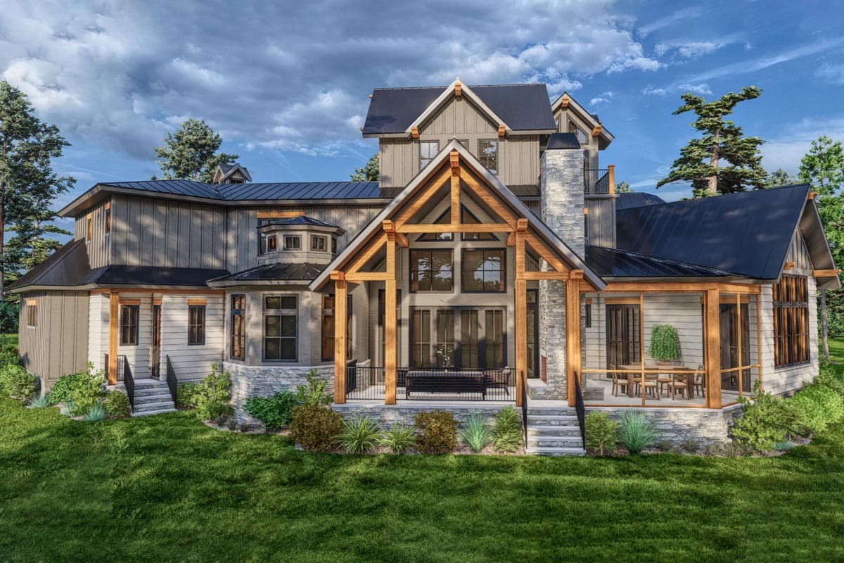 House plan exterior: Modern Farmhouse style, multiple stories, timber frame accents, large stone chimney, metal roof, and covered porches.