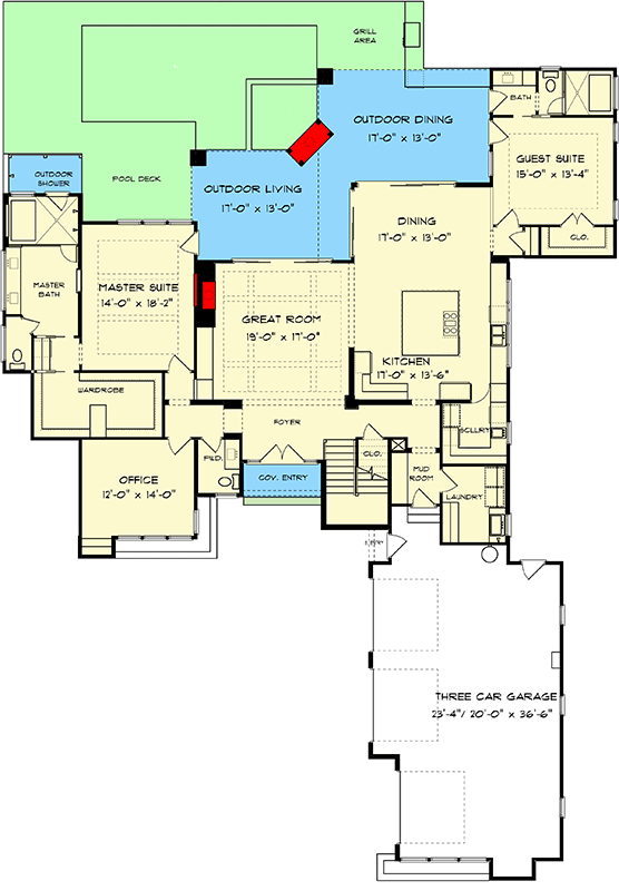 Plan 93154EL: Transitional 2-Story Home Plan with Pool Concept and Outdoor Shower in Master Bath - Floor Plan - Main Level - Craftsman, Northwest, Prairie, Transitional