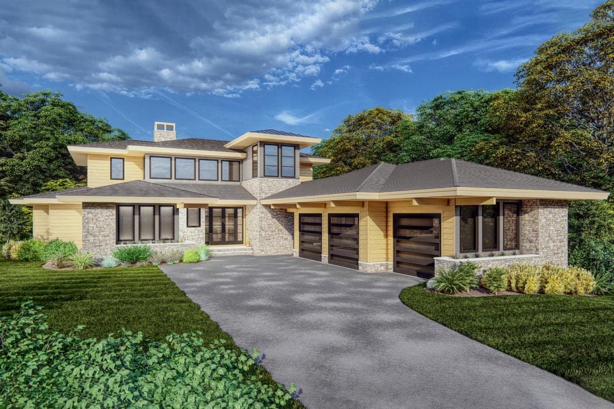 House plan exterior. Two-story modern house with a flat roof, stone accents, and a three-car garage. Features large windows and a chimney.
