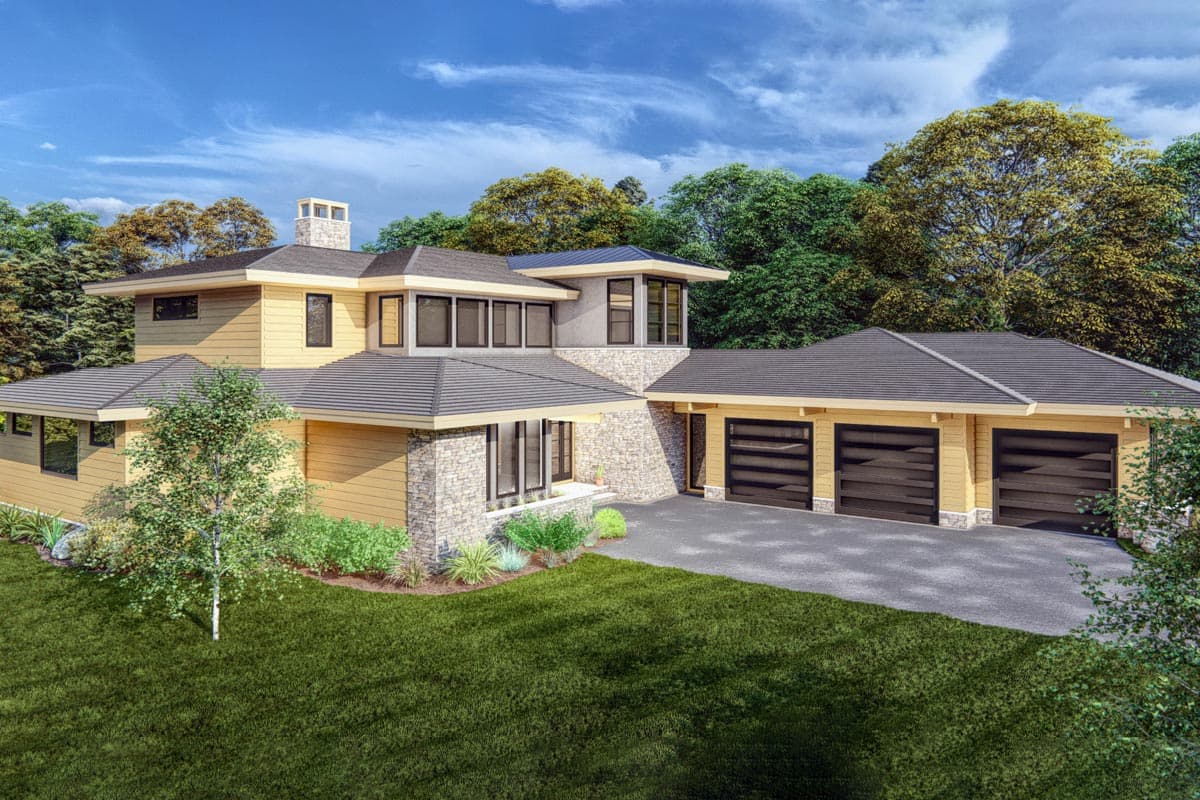 House plan exterior with modern architectural style, stone accents, multiple rooflines, and a three-car garage.