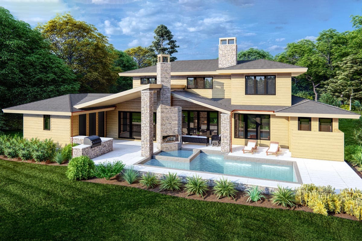 Modern house plan exterior with horizontal siding, multiple rooflines, stone chimney, fireplace, outdoor kitchen, and pool.