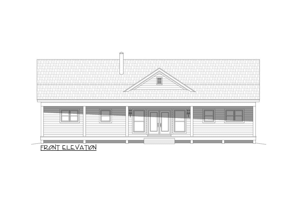 Front elevation drawing of a single-story house with a full-width porch, gable dormer, and double front doors.