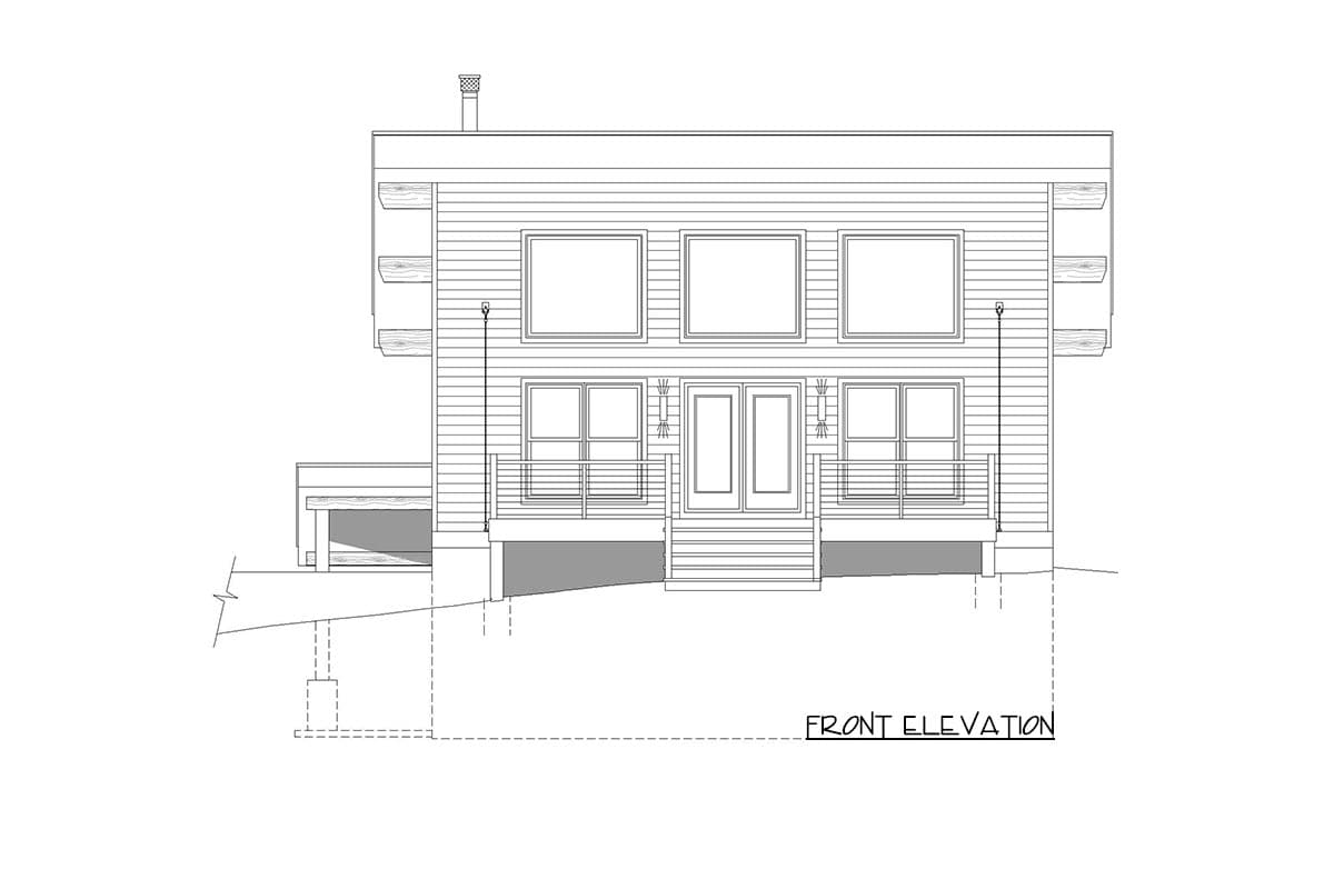 Front elevation drawing of a two-story house with horizontal siding, prominent windows, a double door entry, and a deck.