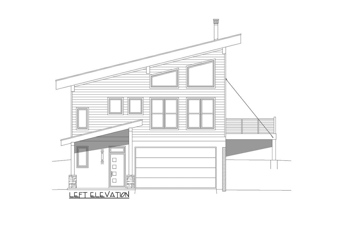Left elevation drawing of a two-story house with a sloped roof, covered entry, and attached garage.