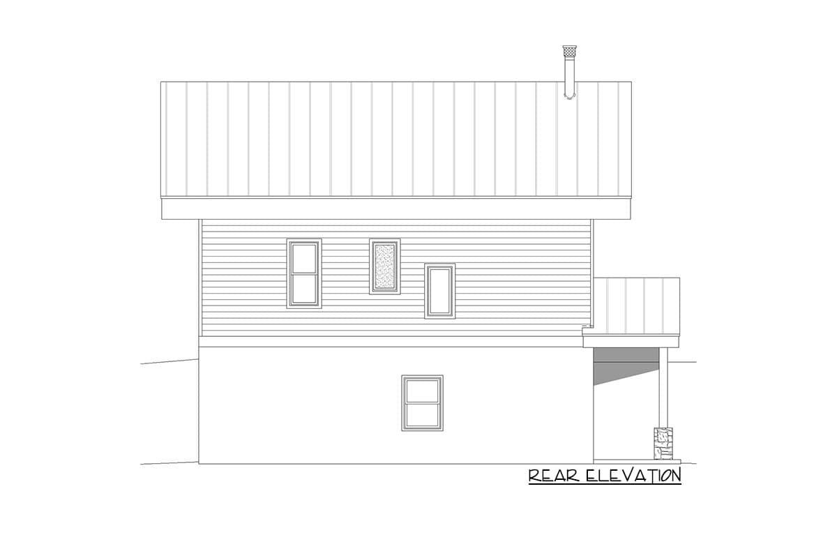 Rear elevation house plan shows a two-story structure with lap siding, metal roof, chimney, and a small deck.