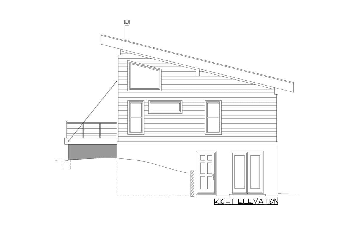 Right elevation drawing of a two-story house plan featuring a sloped roof, horizontal siding, deck, and multiple windows.