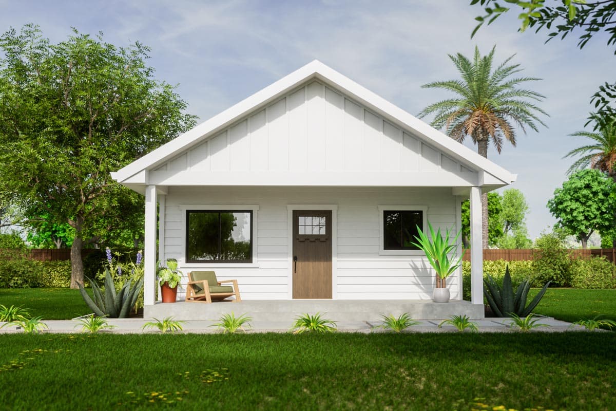 House plan exterior. One-story farmhouse style with a gabled roof, a covered porch, and horizontal siding. Features include dark-framed windows.