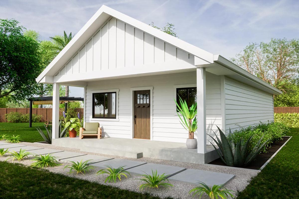 House plan exterior: Modern Farmhouse style, one story, with a covered front porch, gabled roof, and horizontal siding.