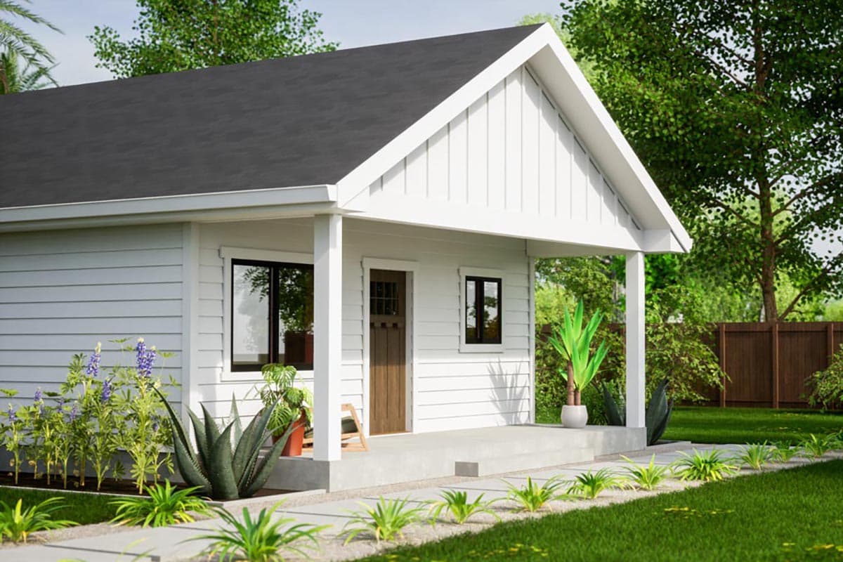 House plan exterior: single-story modern farmhouse with covered porch, gabled roof, and horizontal siding.