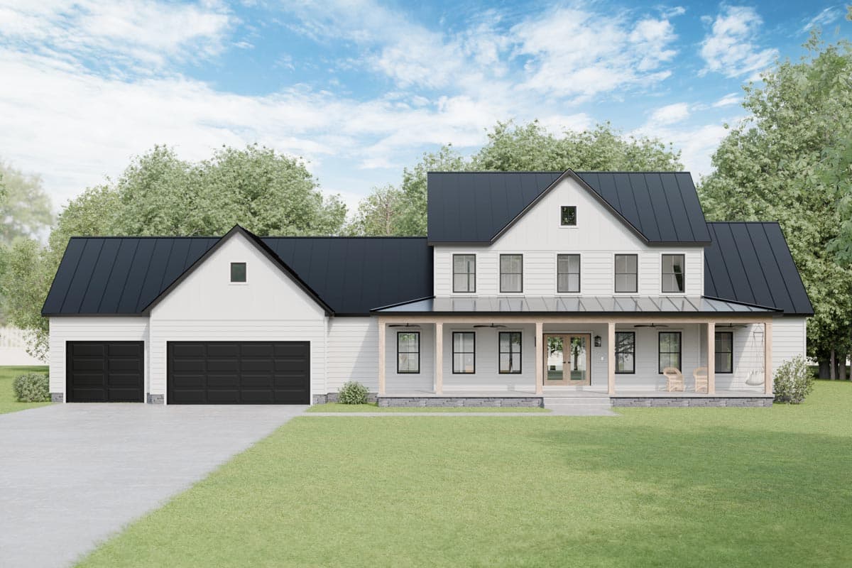 House plan exterior. Two-story Modern Farmhouse with a front porch, gables, and a detached garage with two bays and black doors.