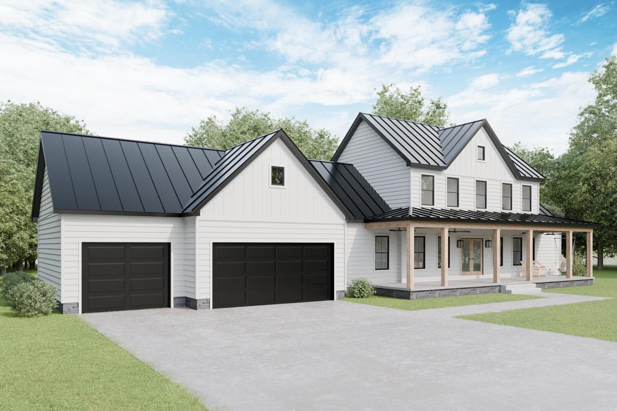 Modern Farmhouse house plan exterior with gabled roof, covered front porch, and a three-car garage.
