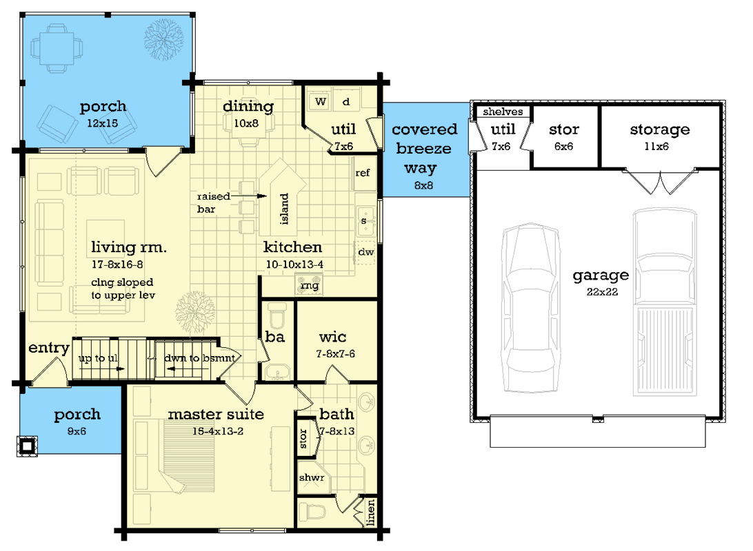 Plan 55226BR: True Log Home Plan Under 1600 Square Feet with Loft and Breezeway-Attached Garage - Floor Plan - Main Level - Cabin, Cottage, Country, Log Cabin, Mountain, Rustic