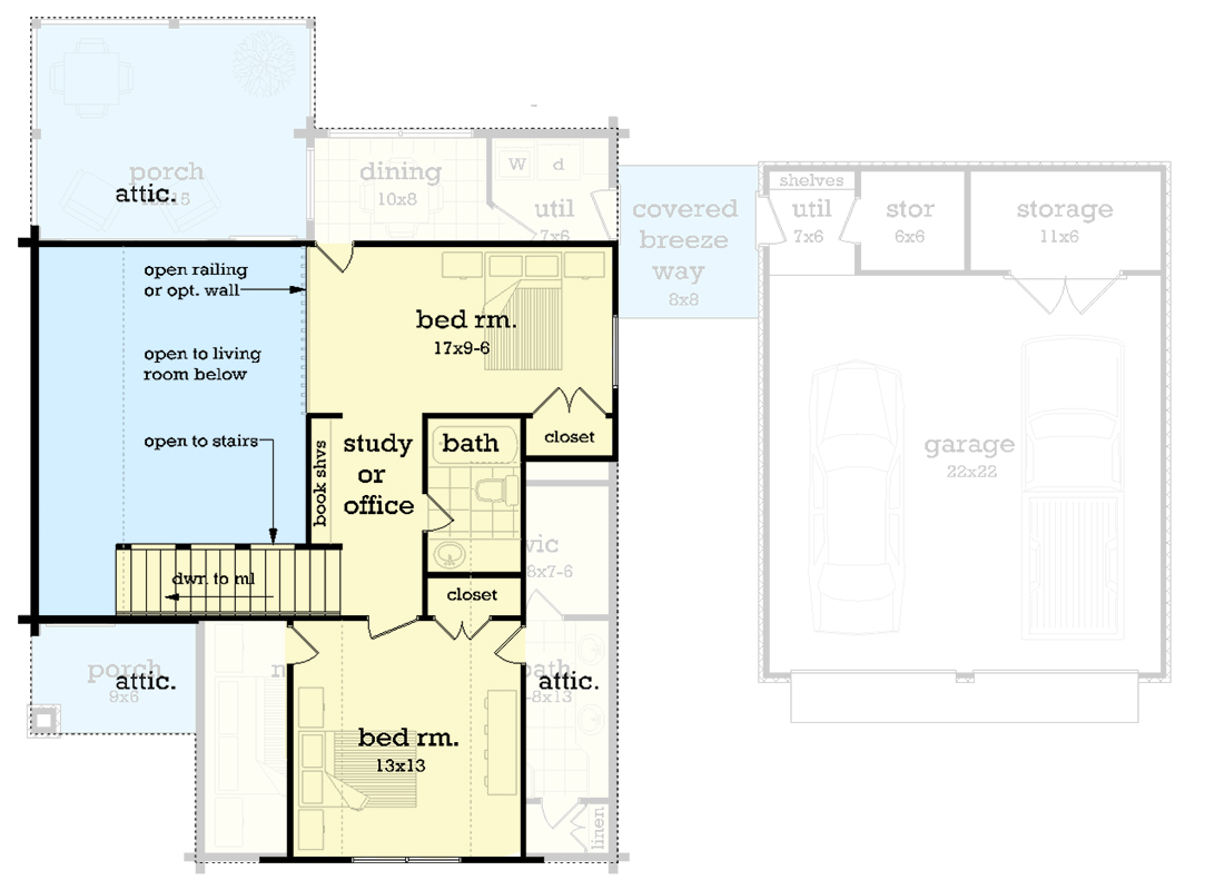 Plan 55226BR: True Log Home Plan Under 1600 Square Feet with Loft and Breezeway-Attached Garage - Floor Plan - 2nd Floor - Cabin, Cottage, Country, Log Cabin, Mountain, Rustic