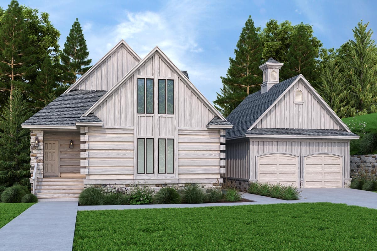 House plan exterior. Two-story home with board and batten siding, multiple gables, a front porch, and a two-car garage.