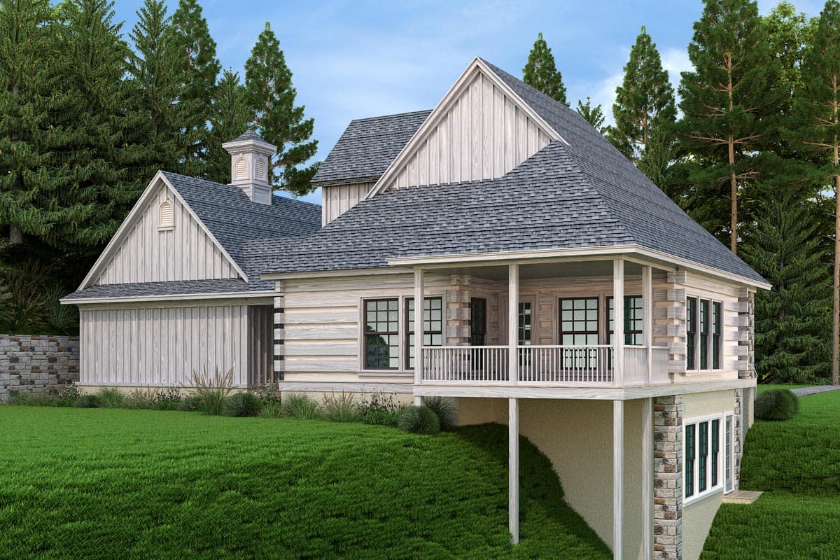 Log home plan exterior with gable dormers, a cupola, and a wrap-around porch.