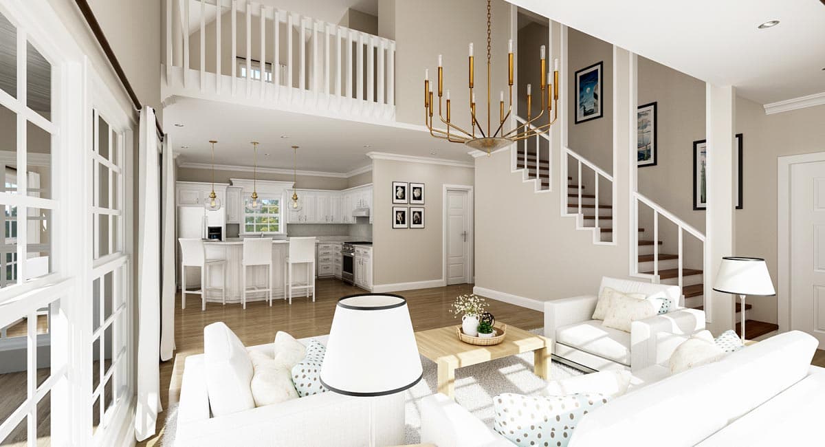 Interior rendering shows a two-story great room with an open kitchen, staircase, and loft.