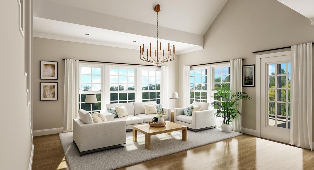 Great room with vaulted ceiling, large grid windows, seating area with sofa and chairs, and a coffee table. Interior rendering.