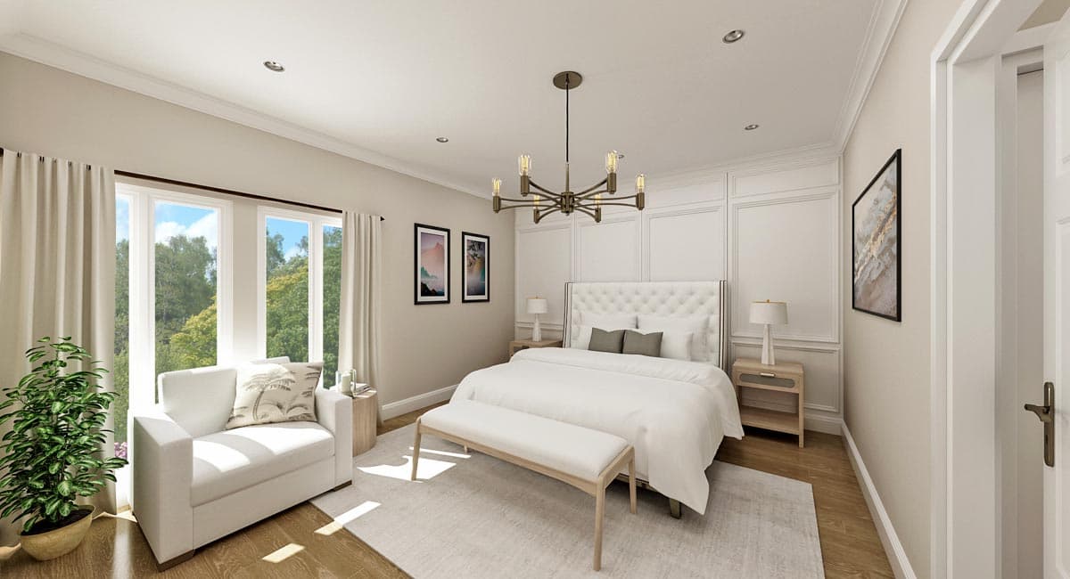 Primary bedroom with tufted headboard, large windows, and a white sofa. Architectural rendering.