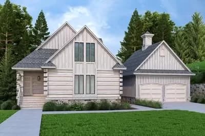 True Log Home Plan Under 1600 Square Feet with Loft and Breezeway-Attached Garage