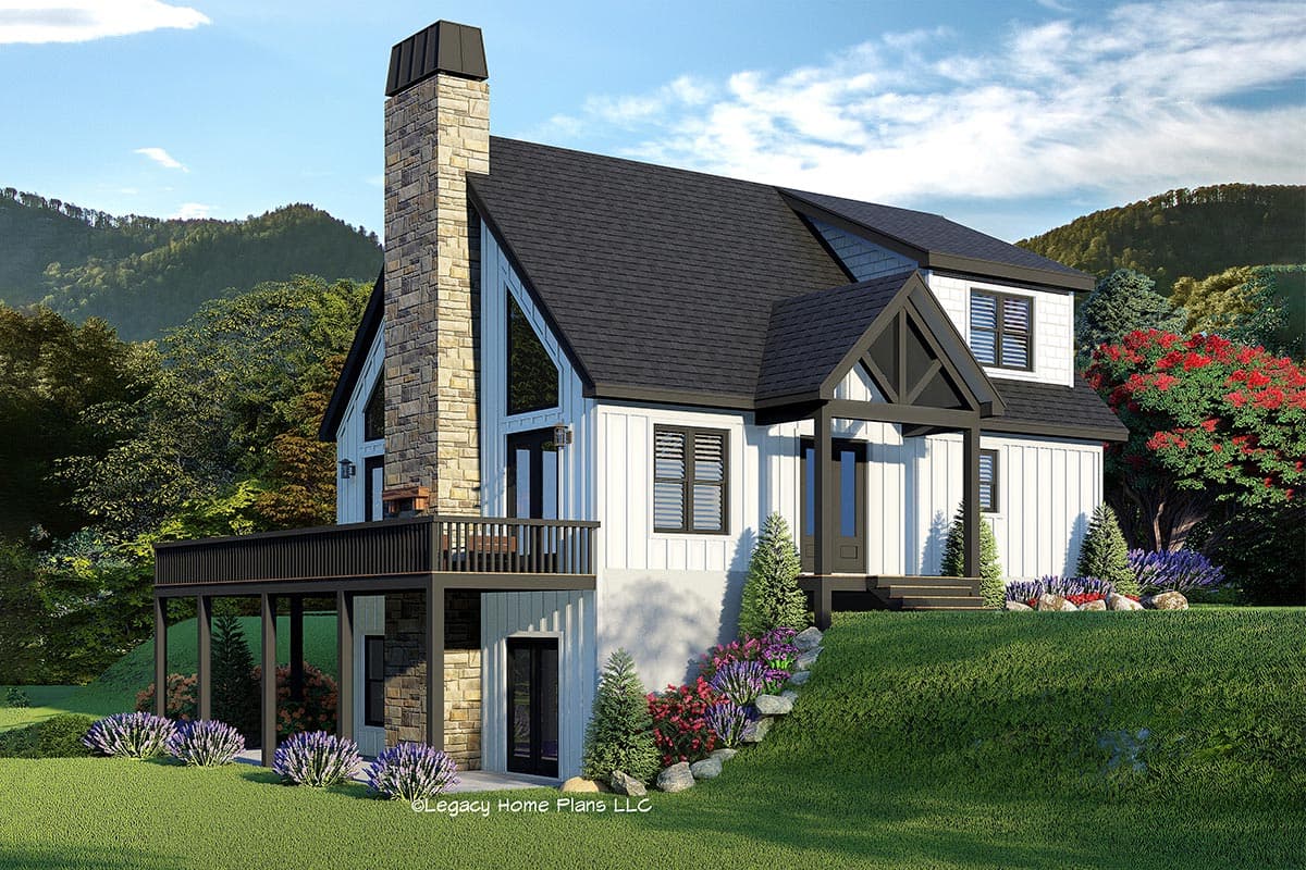 House plan exterior with a two-story white board-and-batten facade, stone chimney, gabled roof, and covered porch.