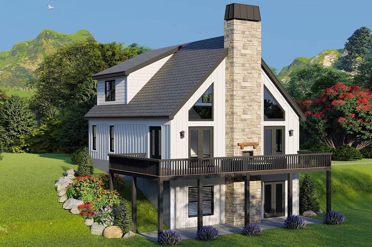 House plan exterior showing a two-story Modern Farmhouse with a prominent stone chimney, gabled roof, and a wraparound deck.