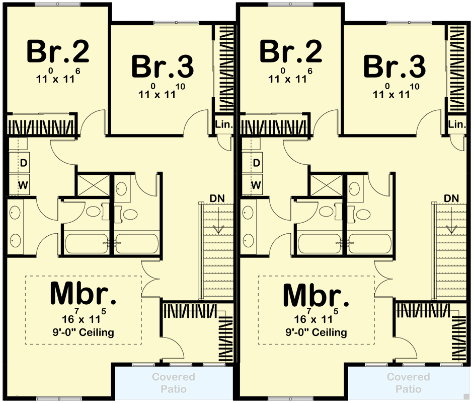 Plan 623204DJ: Modern Farmhouse Duplex with 3 Bed Units Just Over 1700 Square Feet Each - Floor Plan - 2nd Floor - Contemporary, Modern Farmhouse, Traditional, Transitional