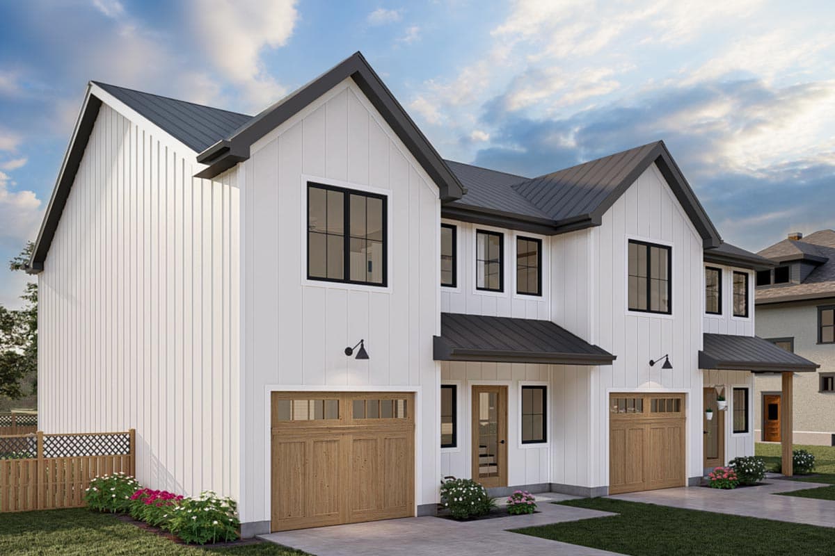 Modern Farmhouse house plan exterior, two stories, white board-and-batten siding, metal roof, wood garage doors.