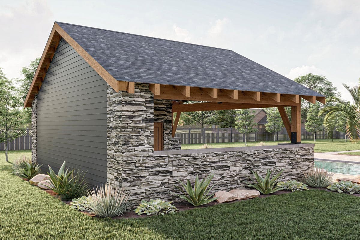 A modern outdoor structure with stone accents and a gray roof sits near a pool. Wooden beams support an open-air area with a view.