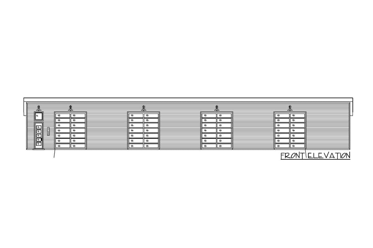 Front elevation drawing showing a single-story structure with five garage doors and a pedestrian door.