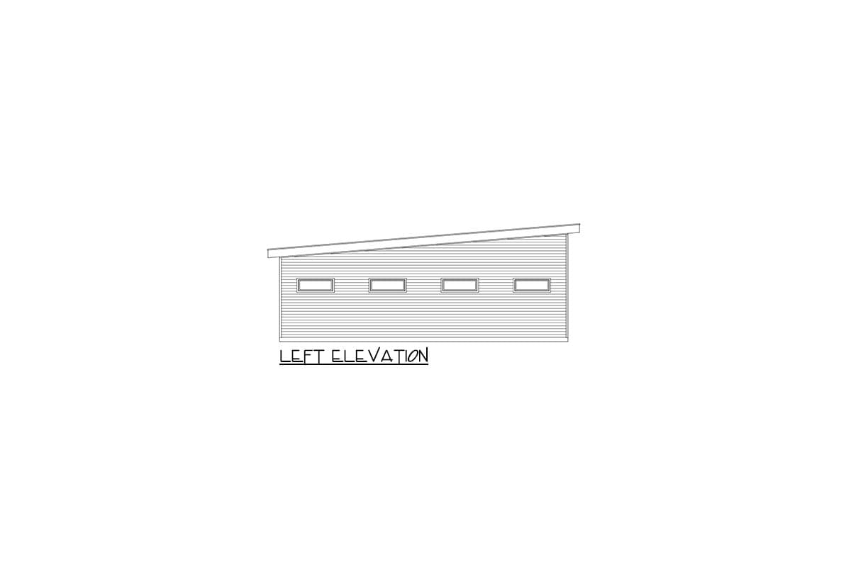 Left elevation drawing of a house with horizontal siding, a sloped roof, and four horizontal windows.