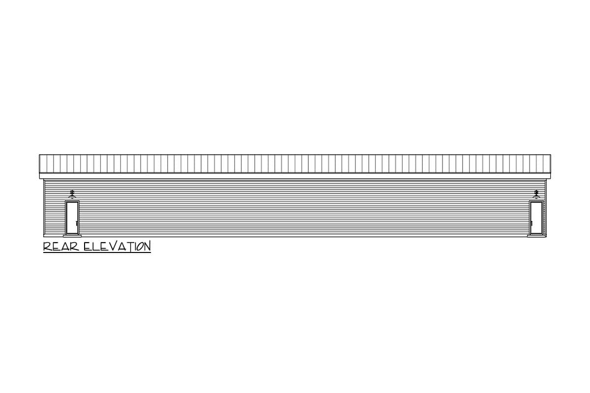 Rear elevation drawing of a house with horizontal siding, a single door, and a simple roofline.