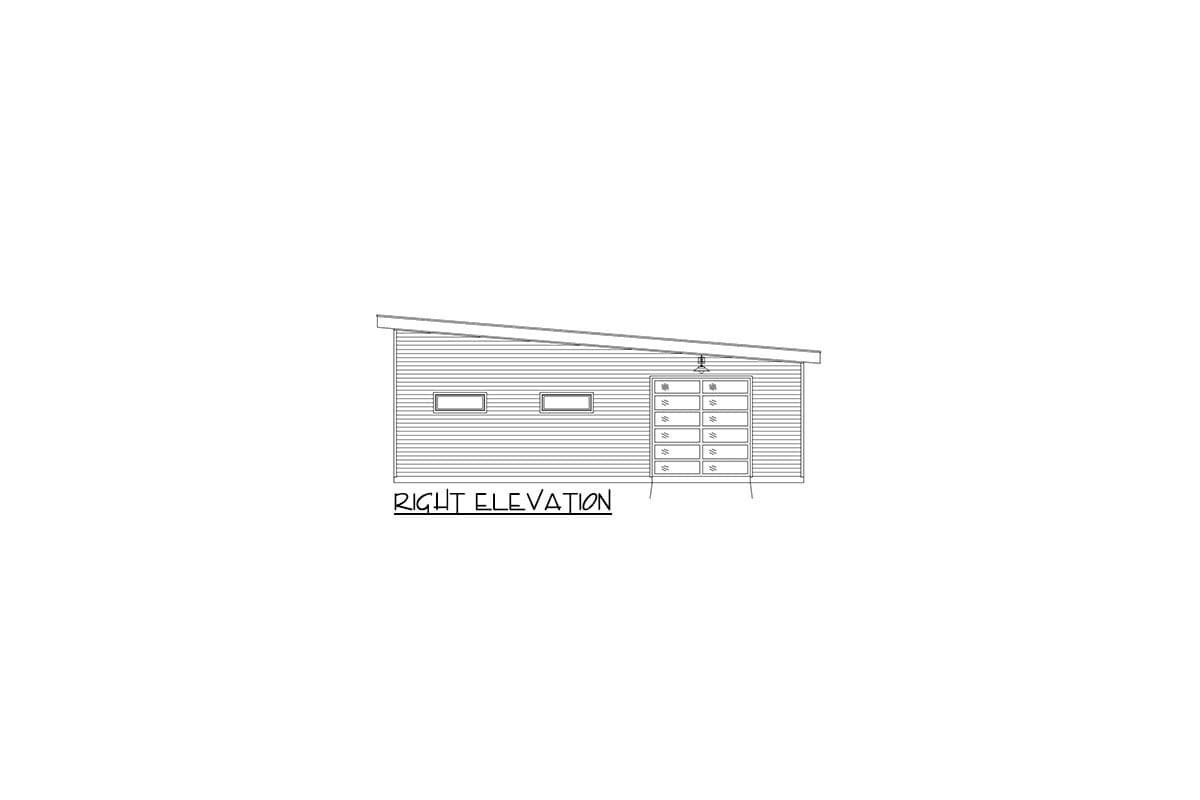 Right elevation drawing of a house with a shed roof, horizontal siding, two windows, and a multi-pane garage door.