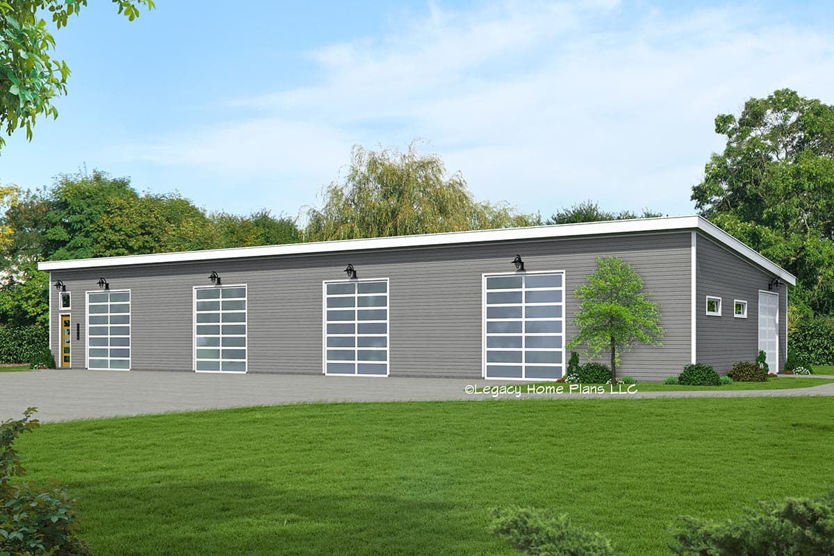 House plan exterior featuring a single-story, modern-style building. Includes four glass-paneled garage doors, a flat roof, and exterior lighting.