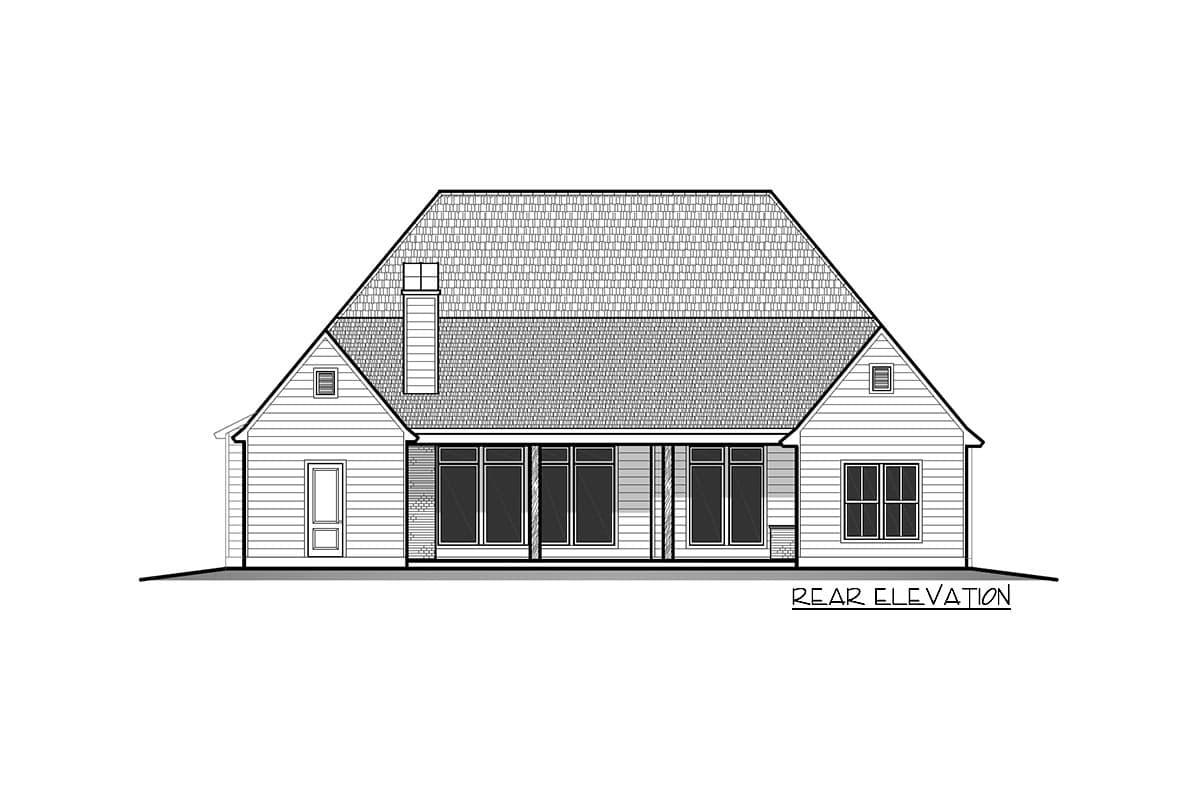 Rear elevation drawing of a house plan, showing a hip roof, chimney, covered porch, and multiple windows.
