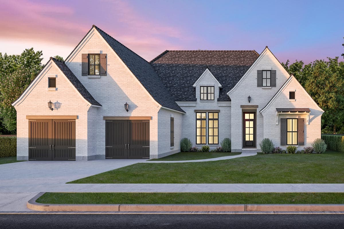 House plan exterior: White brick, two-story modern farmhouse with a three-car garage, gable dormers, and a covered front entry.