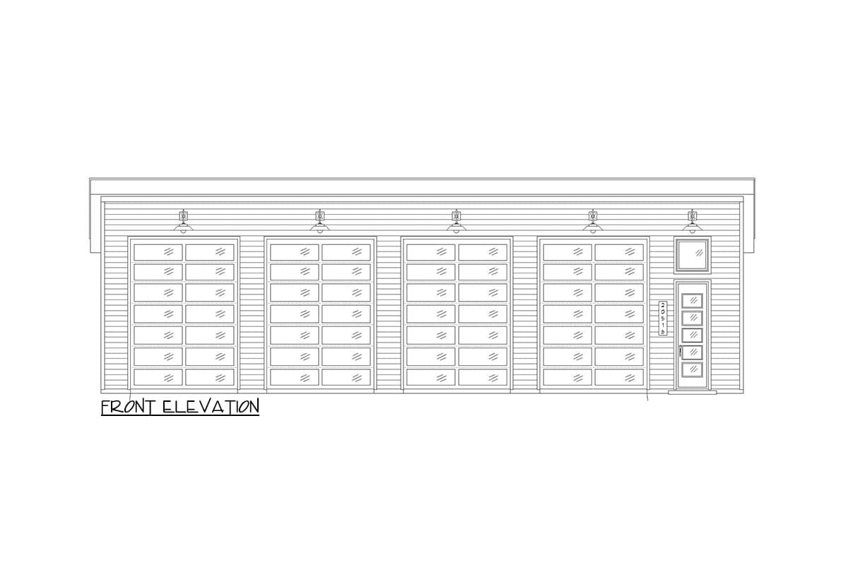 Front elevation drawing of a garage with four glass panel doors and one pedestrian door.