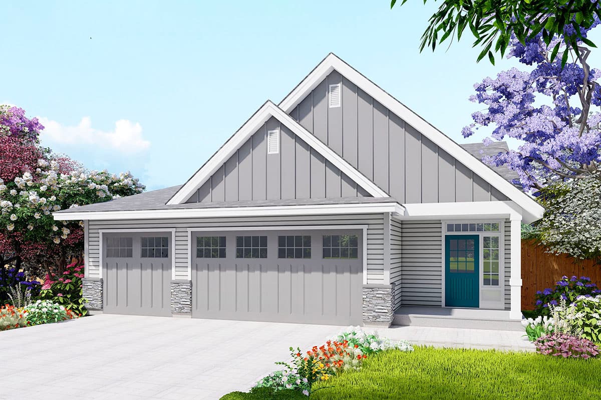 House plan exterior with Craftsman style. Features include gabled roof, stone accents, and two-car garage. Porch with decorative posts.