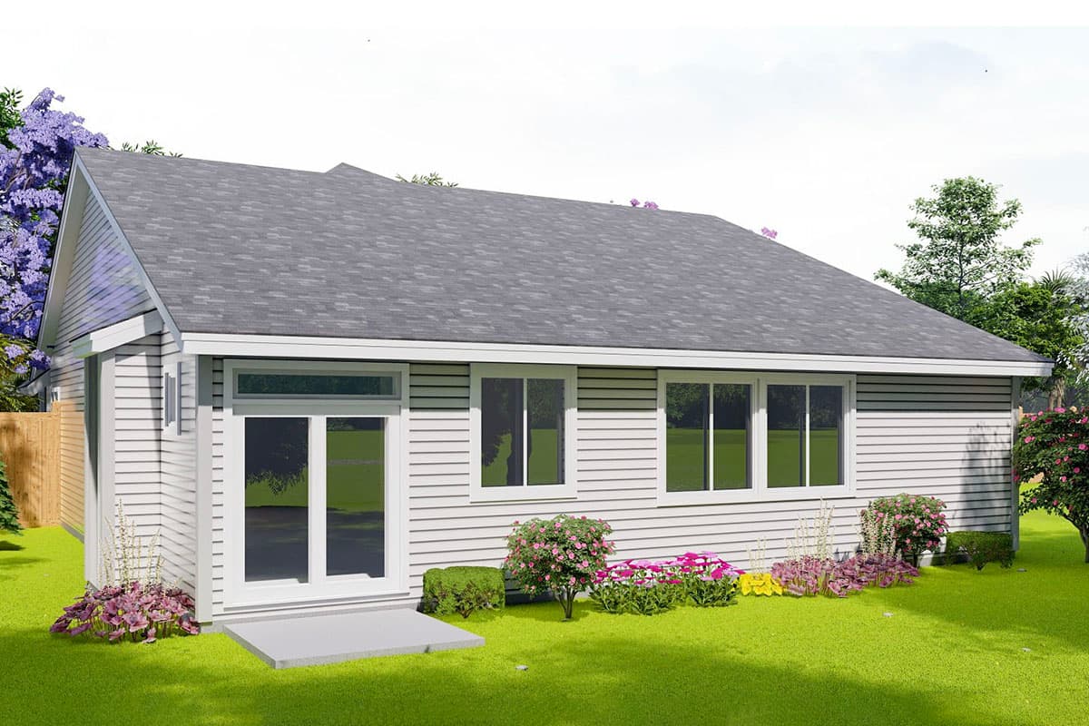 Single-story house plan exterior with vinyl siding, a gabled front, and a front entrance with glass doors.